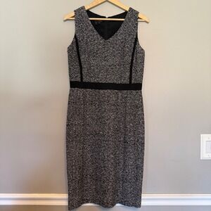 Cynthia Howie 100% Silk Tweed Sheath Dress Black White V-Neck Size 8 Sleeveless